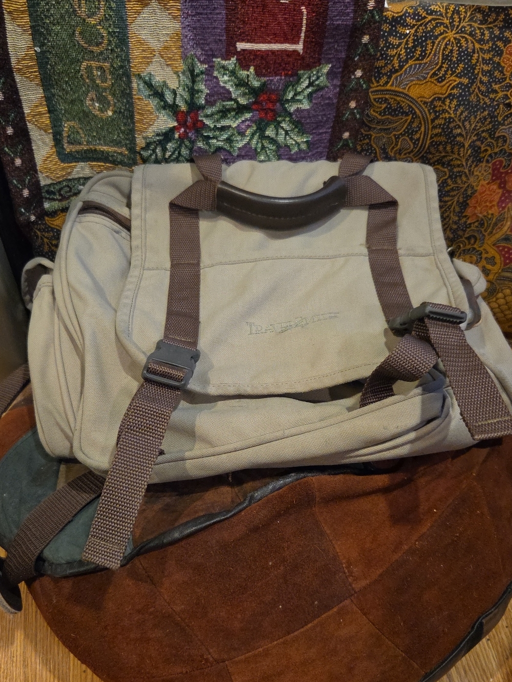 TravelSmith Beige Canvas Messenger Bag with Brown Straps
